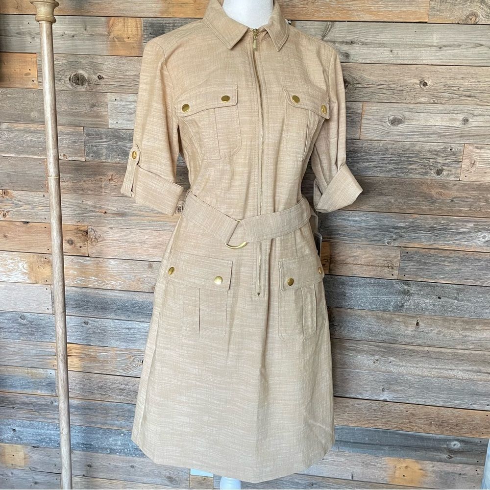 Sharagano New York Belted Utility Dress Chambray Tan NWT Women’s Size 6